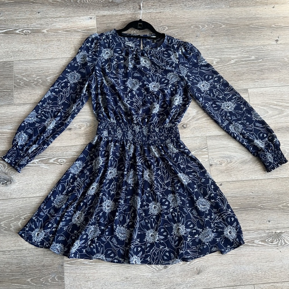 Express Blue and White Printed Smocked Waist Long Sleeve Mini Dress!